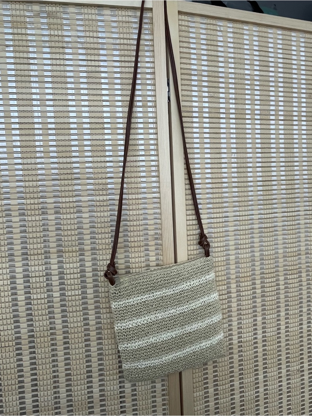 Woven Straw Crossbody Bag with Brown Strap